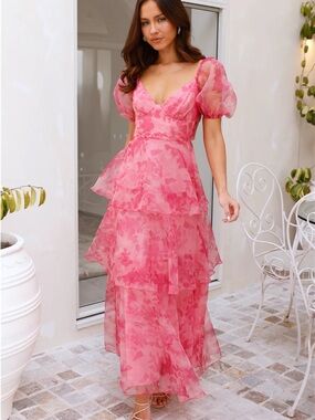 Hello Molly Pink Floral Tiered Maxi with Puff Sleeves